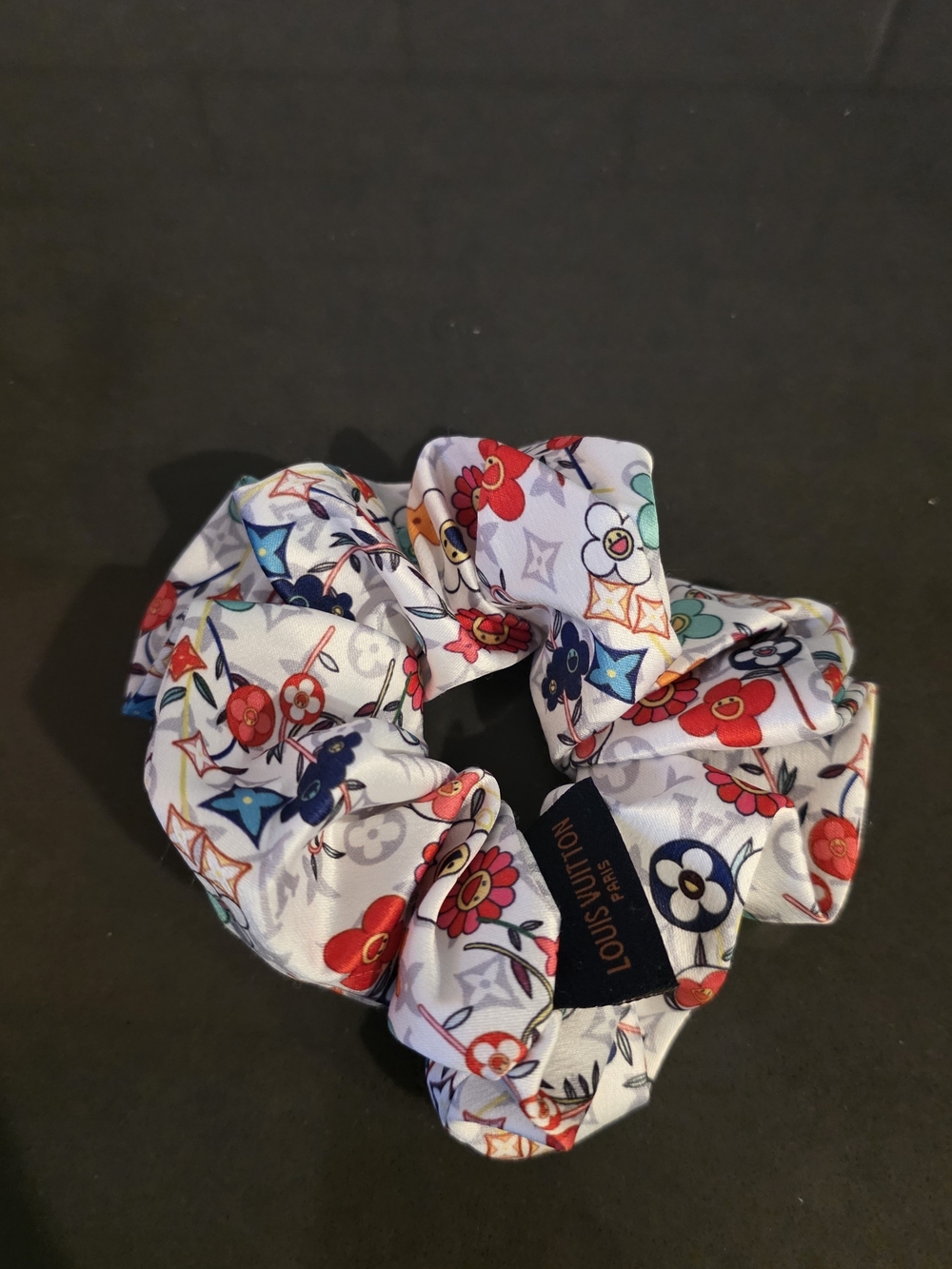 White Floral Silk Scrunchie with Multicolor Blooms